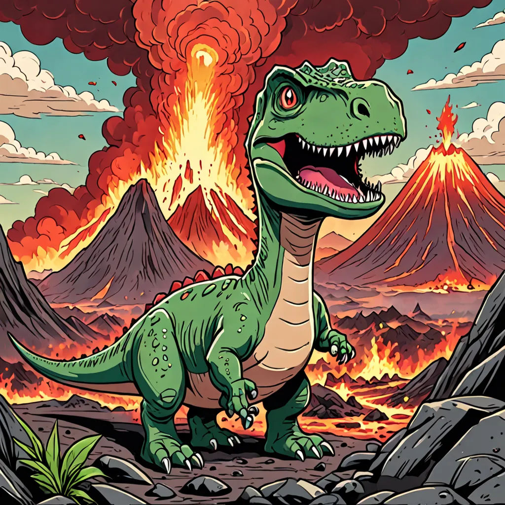 a dinosaur with a volcano in the background and a sky with clouds and a sun in the background, with a red and yellow cloud, sots art, an album cover, Dan Mumford, josan gonzales and dan mumford