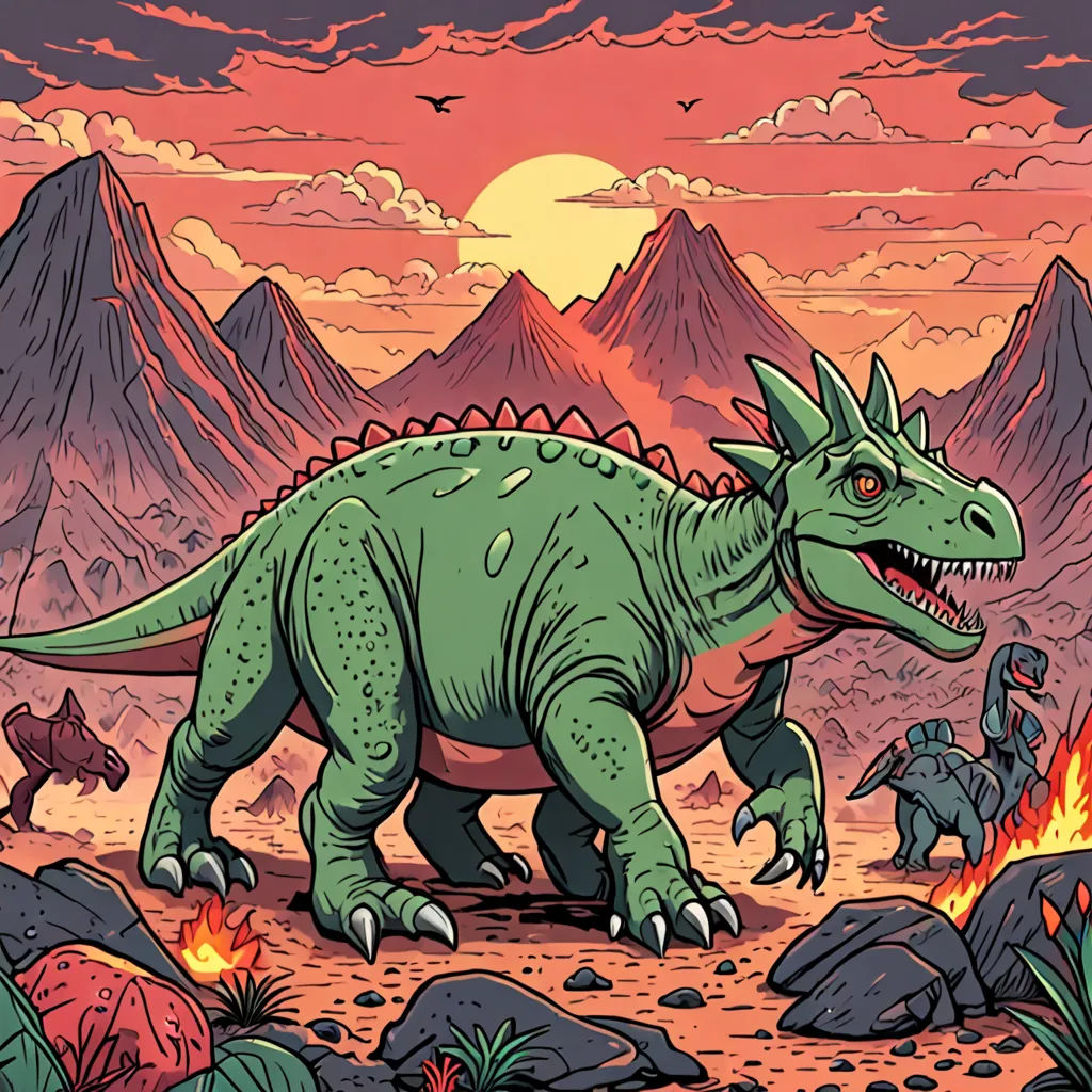 a dinosaur with a large mouth and a small body in a desert landscape with mountains and rocks, and a fire burning in the ground, altermodern, an illustration of, Adam Rex, josan gonzales and dan mumford