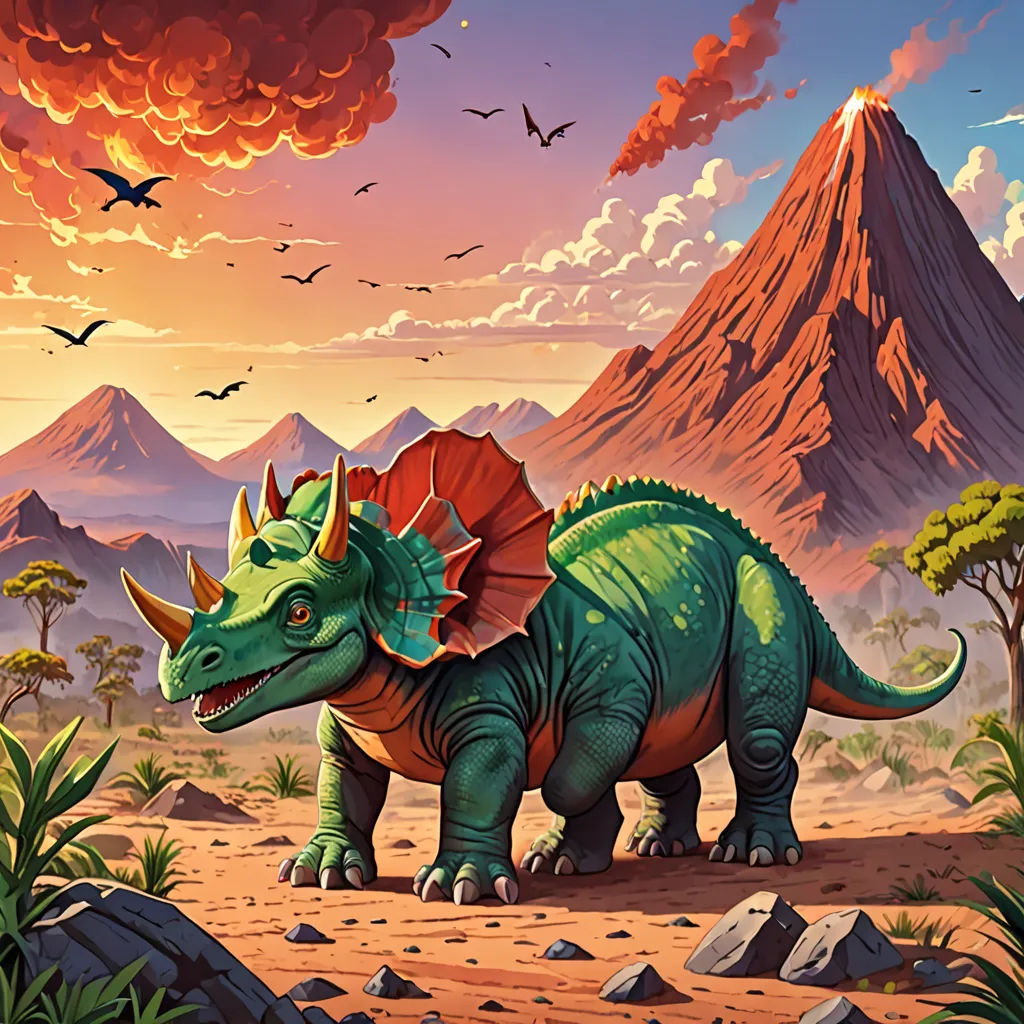 a dinosaur in a desert with a mountain in the background and birds flying overhead in the sky above it, fantasy art, concept art, Chris LaBrooy, magic the gathering artwork