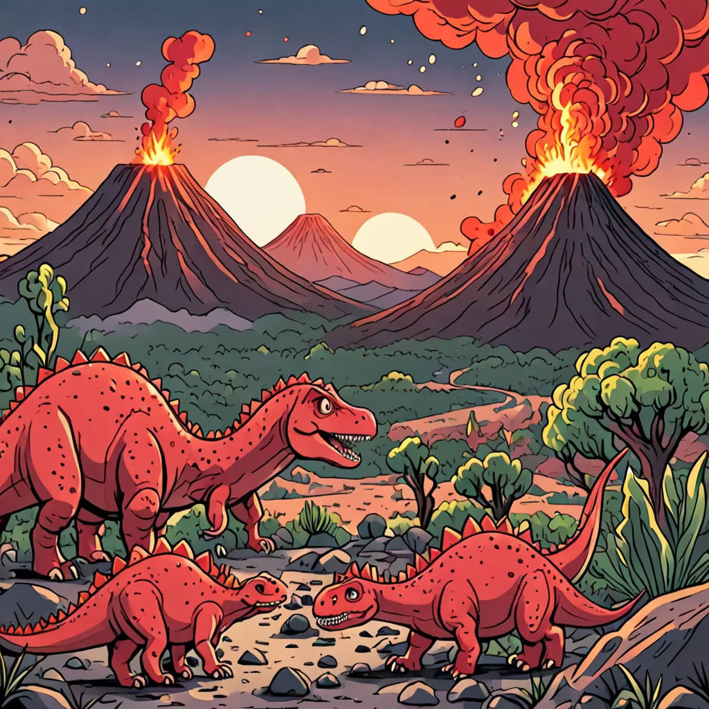 a group of dinosaurs in a desert with volcanos in the background and a sunset in the background with clouds, space art, a storybook illustration, Adam Rex, josan gonzales and dan mumford