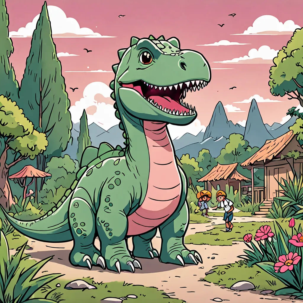 a cartoon dinosaur with a person in the background and a pink sky in the background with clouds and mountains, context art, a storybook illustration, Adam Rex, 2 d game art