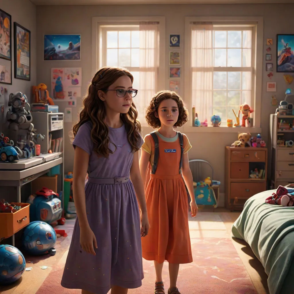 two girls standing in a bedroom with a bed and a window in the background and a rug on the floor, photorealism, poster art, Beeple, cgstudio
