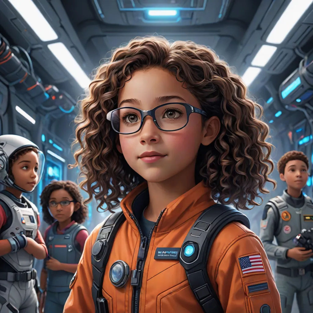 a young girl in a space suit and glasses standing in a hallway with other people in the background and a robot in the foreground, space art, computer graphics, Chris LaBrooy, key art