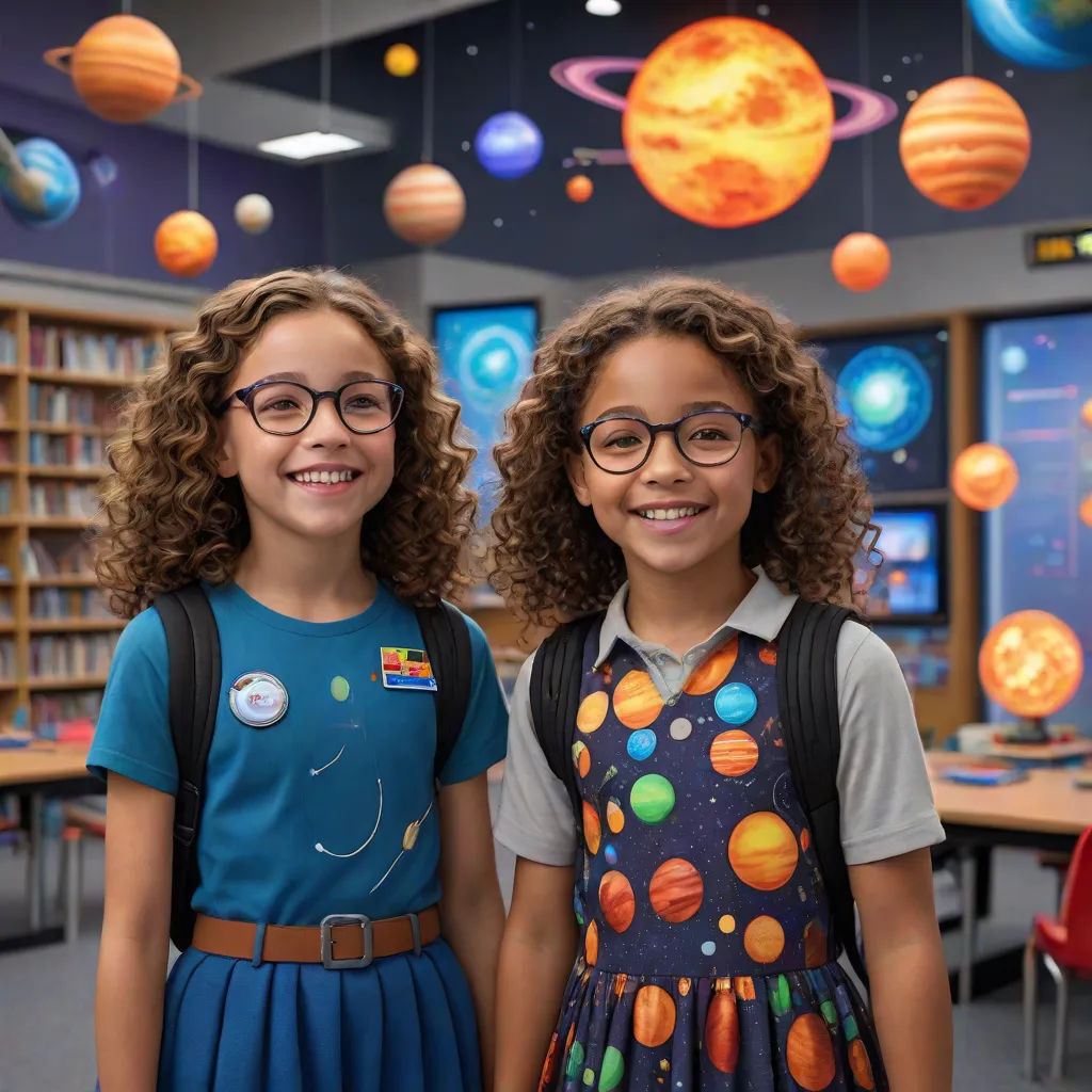 two young girls standing next to each other in a library with planets on the wall behind them and a library with a bookcase full of books, space art, concept art, Felix-Kelly, promotional image