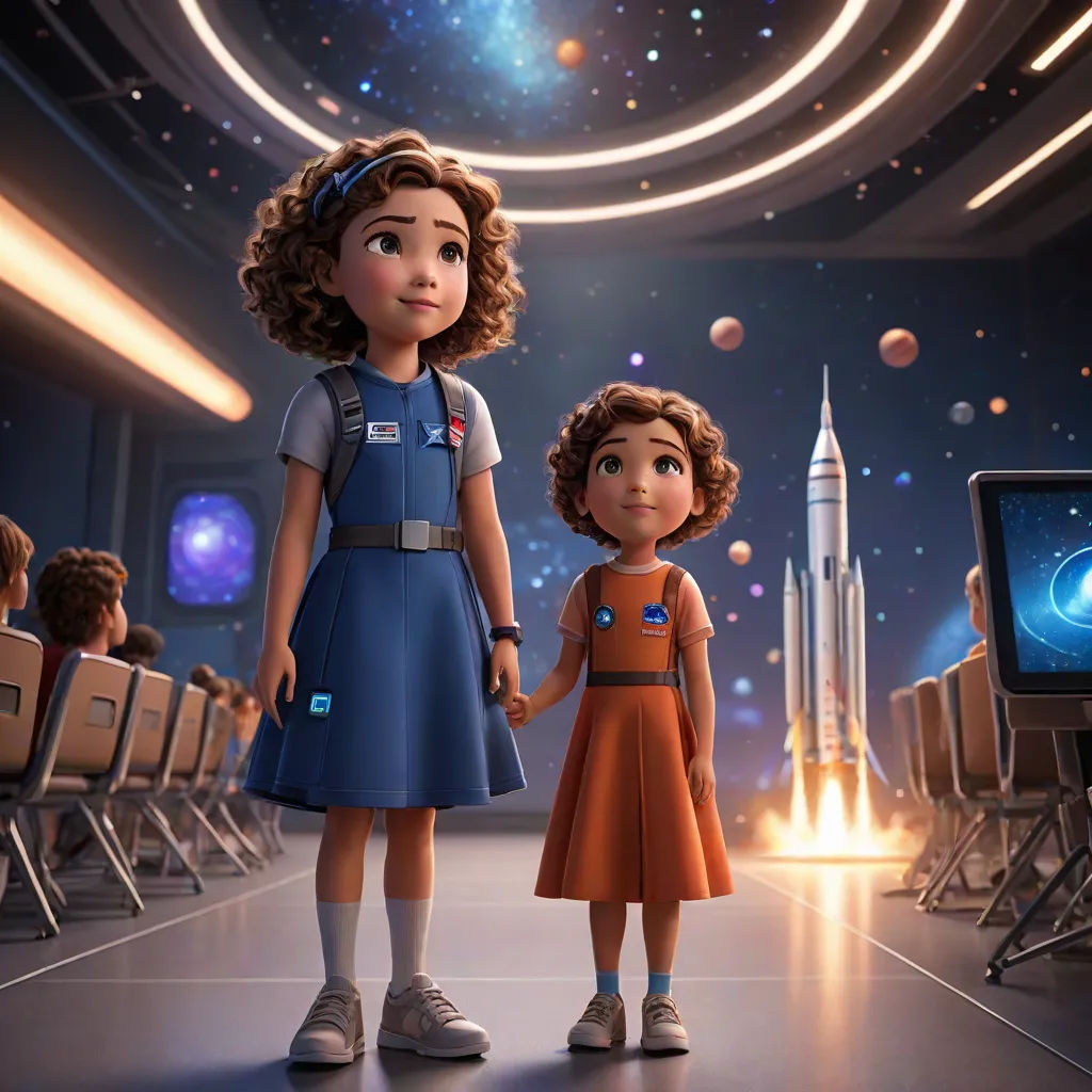 a couple of people standing in front of a space station with a rocket in the background and a tv screen in the foreground, space art, concept art, Felix-Kelly, promotional image