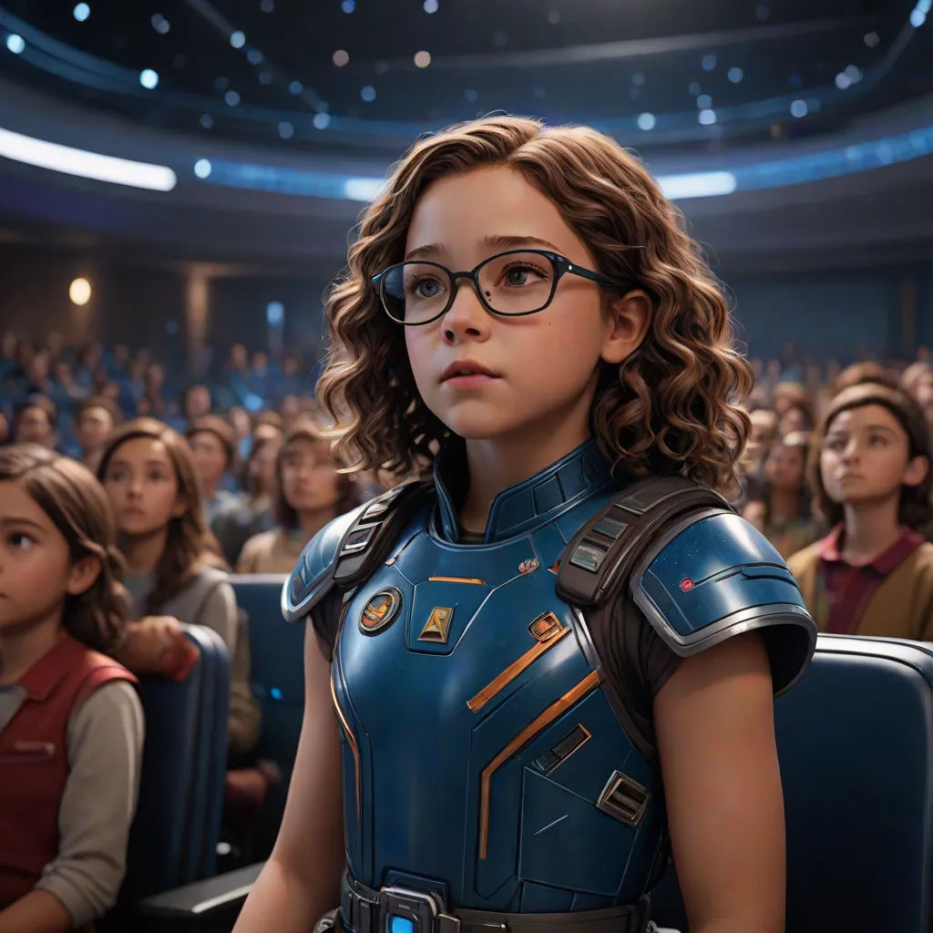 a young girl in a blue suit and glasses in front of a crowd of people in a theater or auditorium, space art, a character portrait, Ada Gladys Killins, promotional image