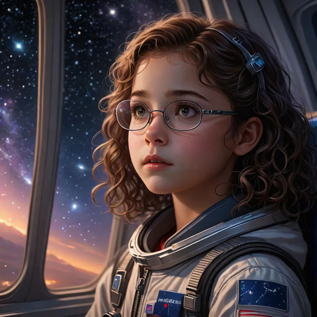 a young girl wearing glasses looking out the window of a space shuttle with stars in the background and a view of the earth, space art, a detailed painting, Aaron Jasinski, highly detailed digital painting