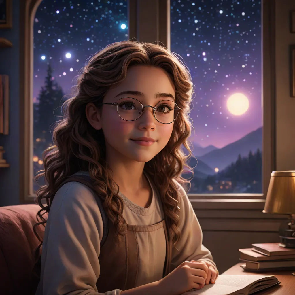 a girl with glasses sitting at a table in front of a window with a book and pen in her hand, space art, a storybook illustration, Evgeny Lushpin, cgstudio