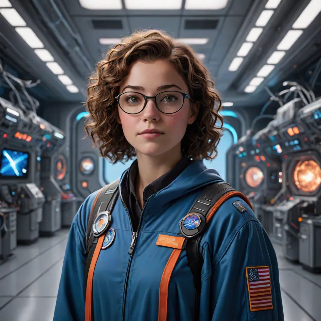a woman in a space station with a backpack and glasses on her shoulder and a space shuttle in the background, photorealism, a photorealistic painting, Elinor Proby Adams, highly detailed digital painting
