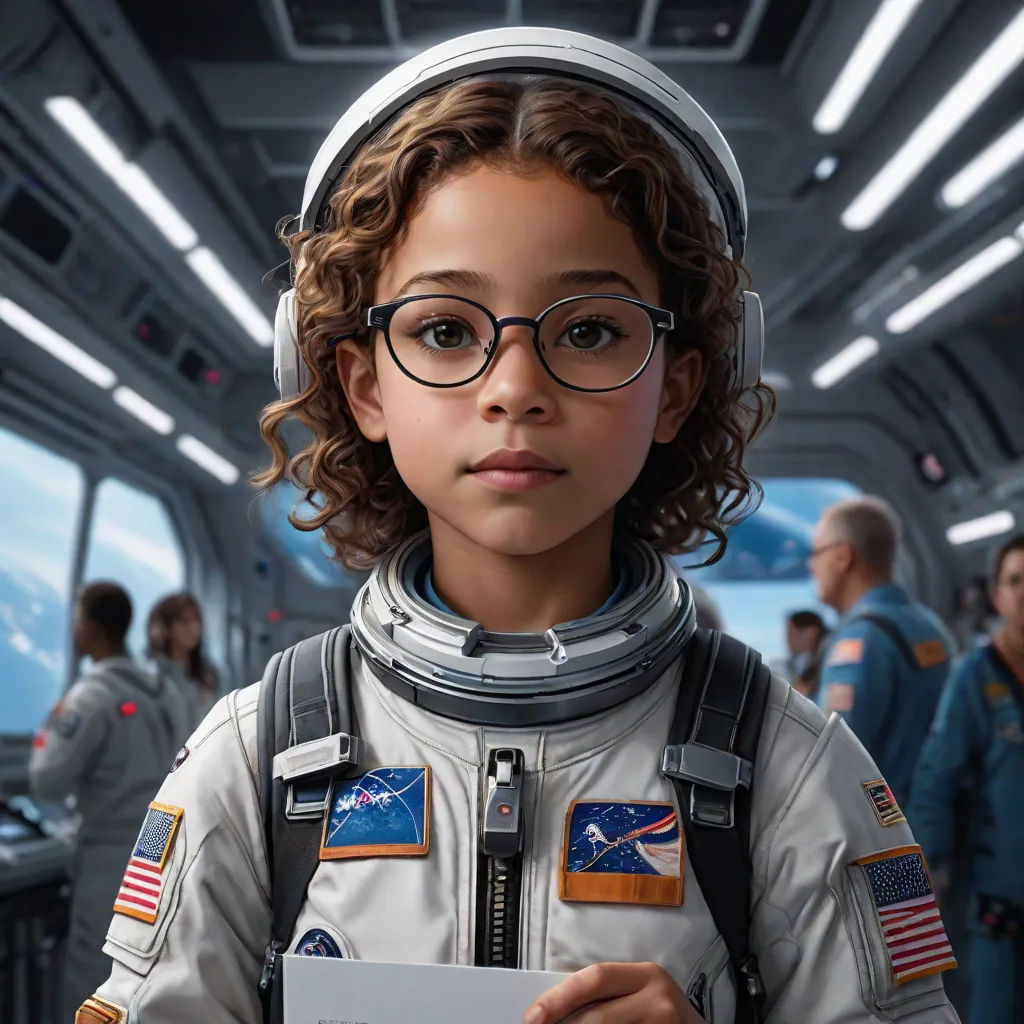 a young girl in a space suit holding a piece of paper in her hands and looking at the camera, space art, a poster, Felix-Kelly, promotional image