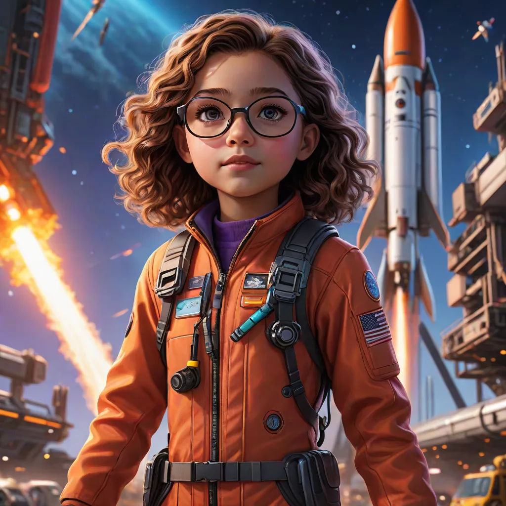 a girl in an orange space suit and glasses standing in front of a rocket ship with a rocket on it, space art, a computer rendering, Cliff Childs, cgstudio