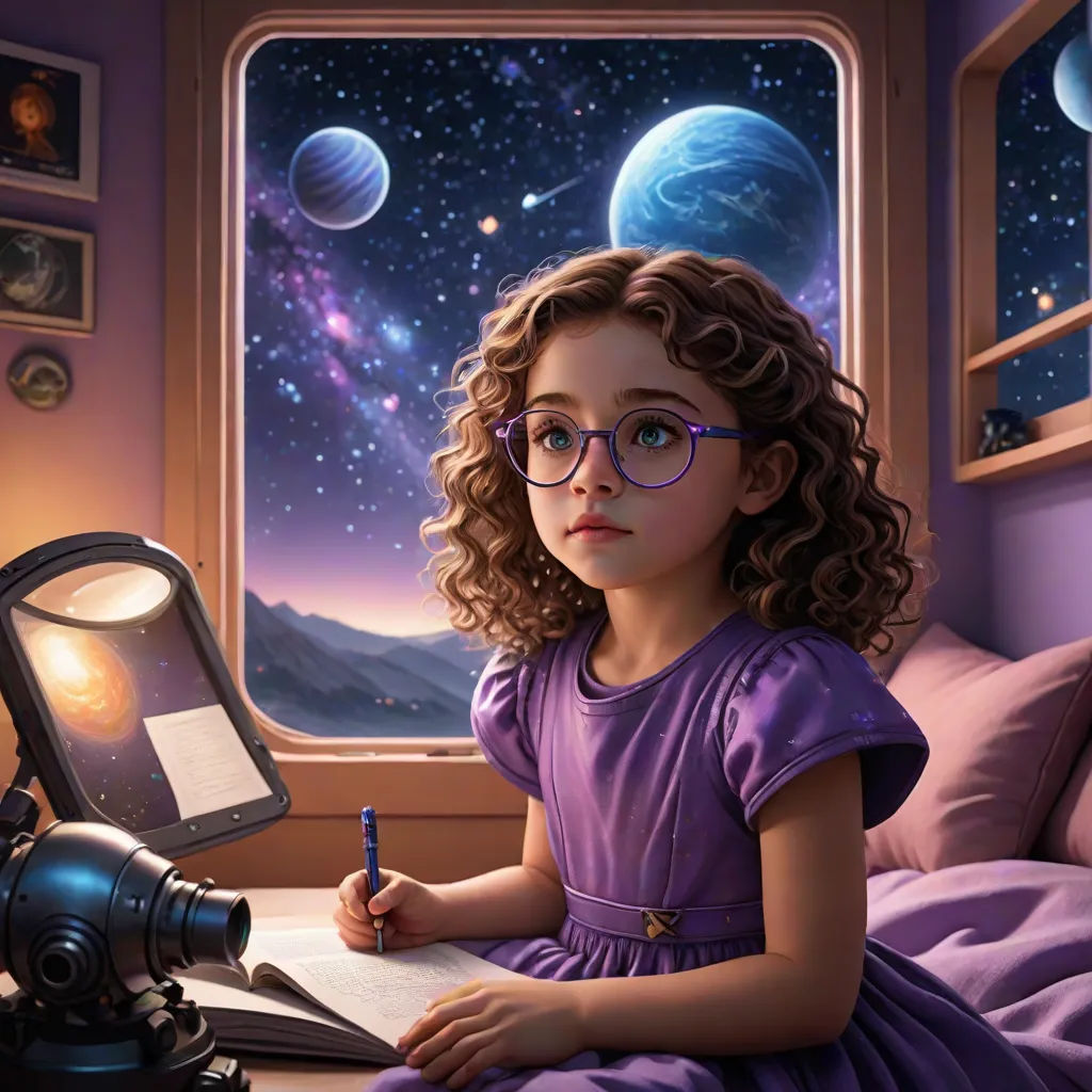 a little girl sitting on a bed writing in a book with a telescope nearby and a view of the planets, space art, a storybook illustration, Chris LaBrooy, affinity photo