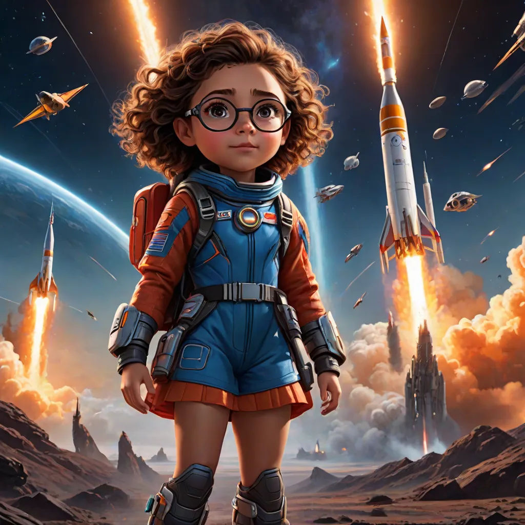 a girl in a space suit standing in front of a rocket ship and a space station with rockets in the sky, space art, poster art, Cliff Childs, promotional image