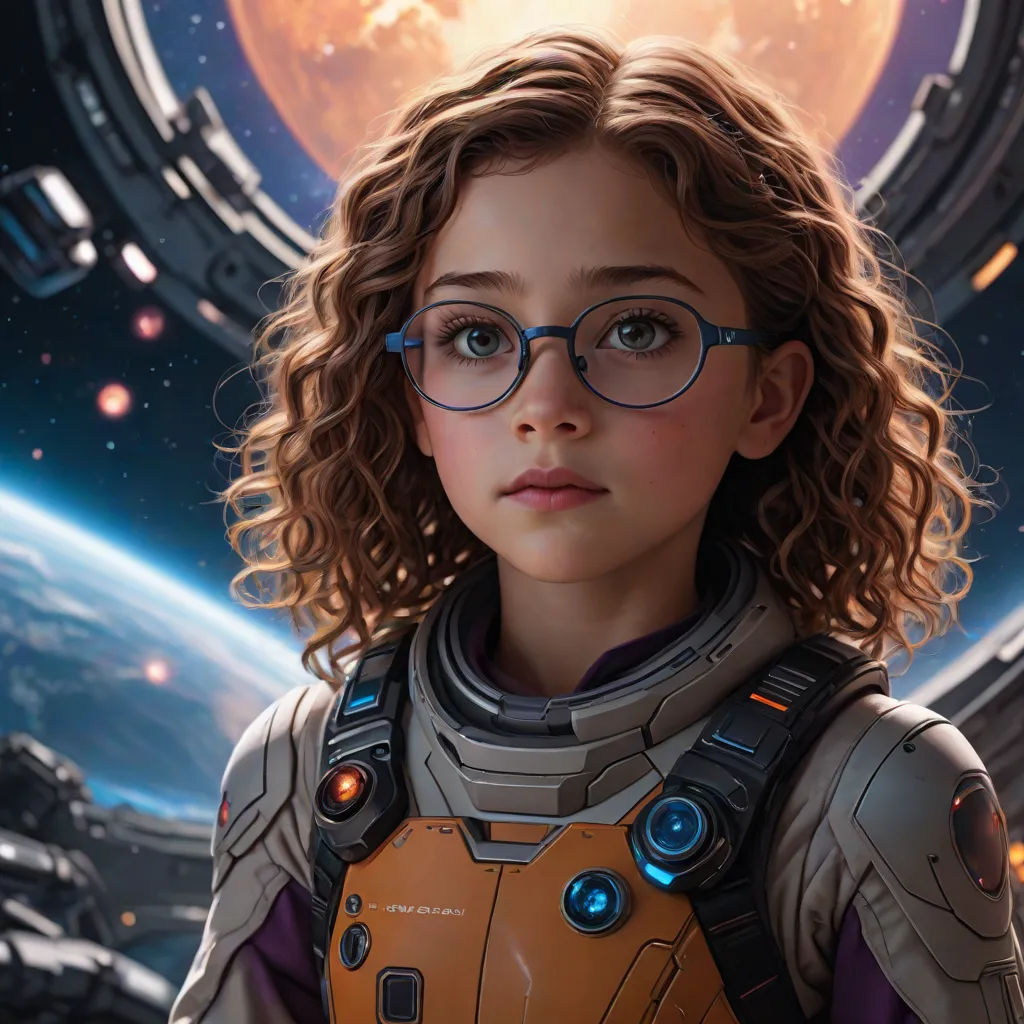 a girl in a space suit and glasses looking at the camera with a planet in the background and a distant object in the foreground, space art, computer graphics, Alejandro Burdisio, cgstudio