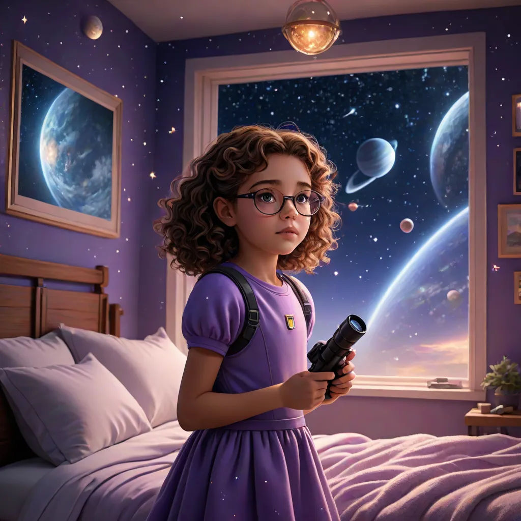 a painting of a girl holding a gun in a bedroom with a window and planets in the background,, space art, computer graphics, Chris LaBrooy, ultra realistic digital art