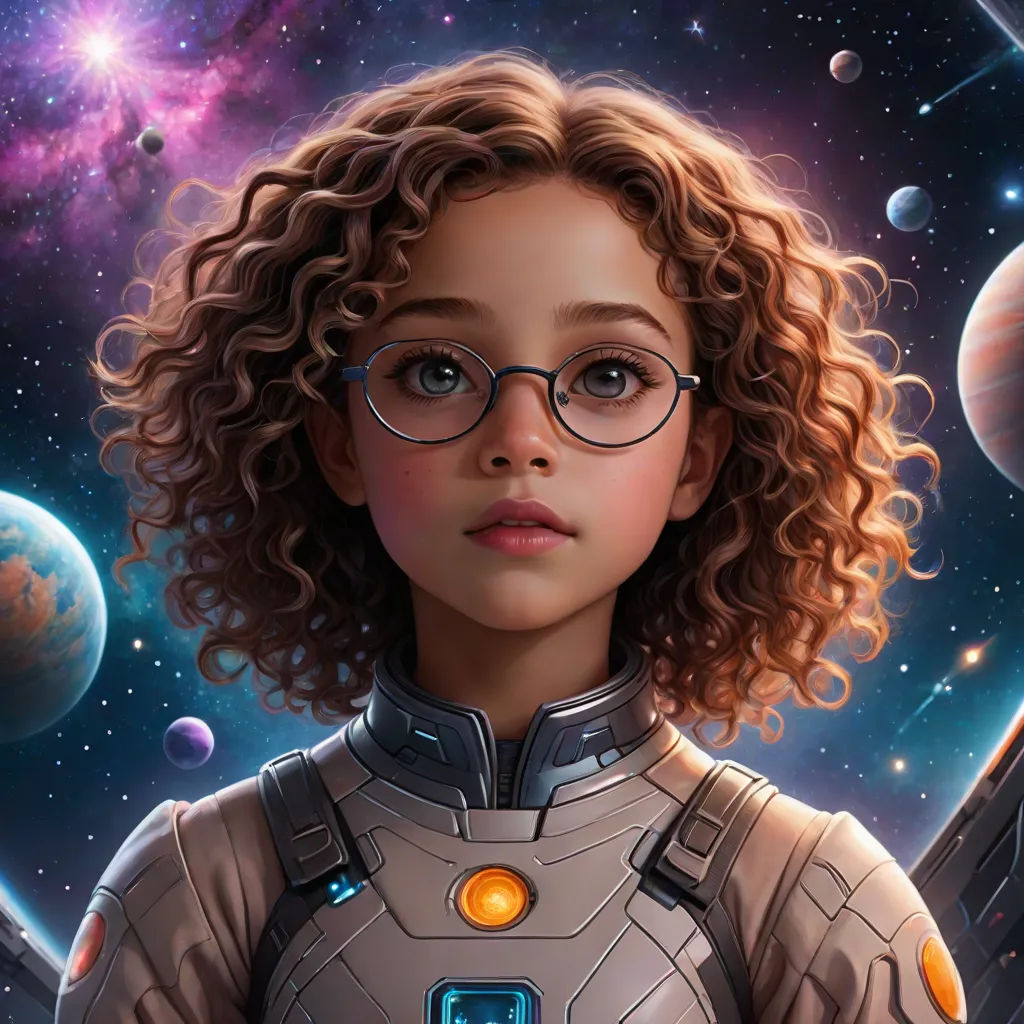 a girl with glasses and a sci - fidget suit in front of a space background with planets and stars, space art, a detailed painting, Aaron Jasinski, highly detailed digital painting