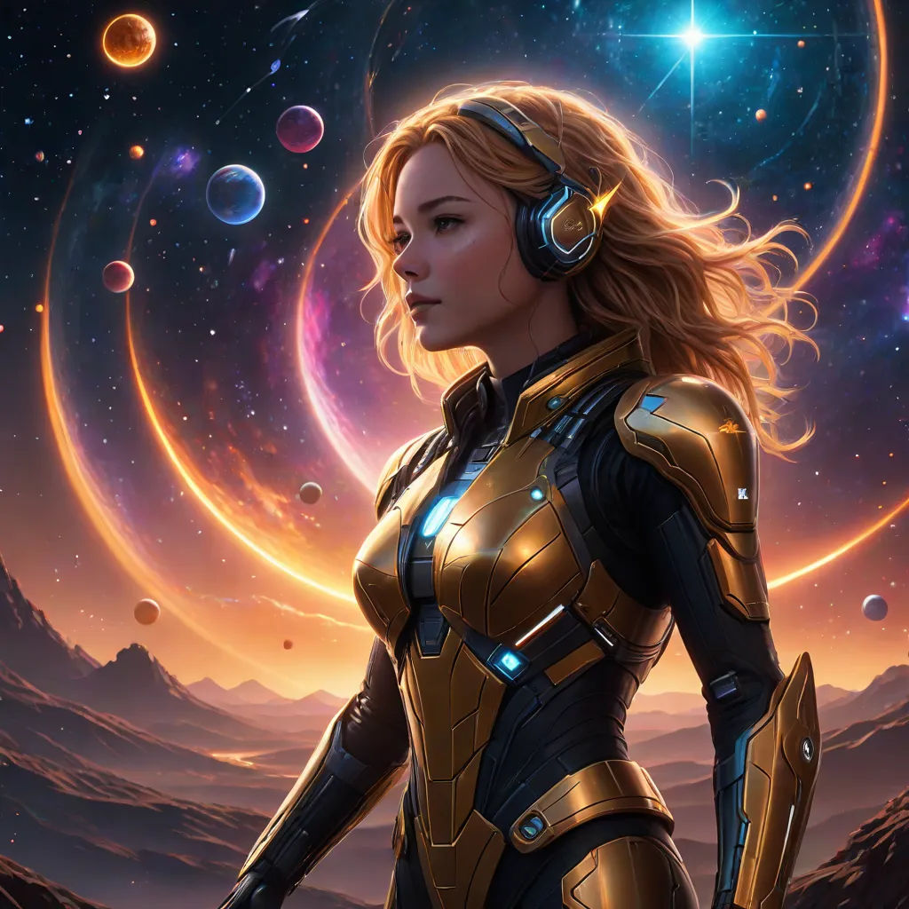 a woman in a space suit with headphones on and planets in the background, with a glowing star in the sky, space art, concept art, Clint Cearley, sci fi fantasy