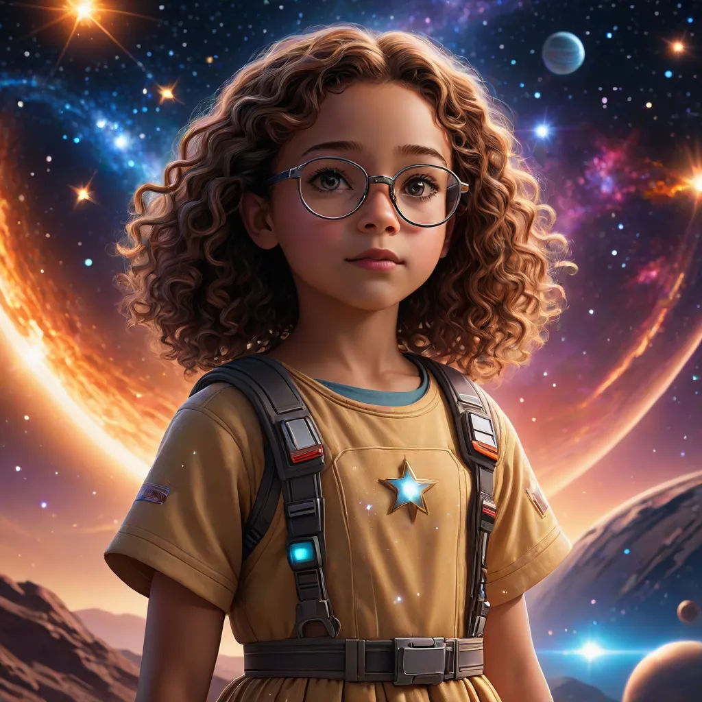 a young girl with glasses standing in front of a space background with stars and planets in the sky and a star - filled sky, space art, poster art, Alejandro Burdisio, promotional image
