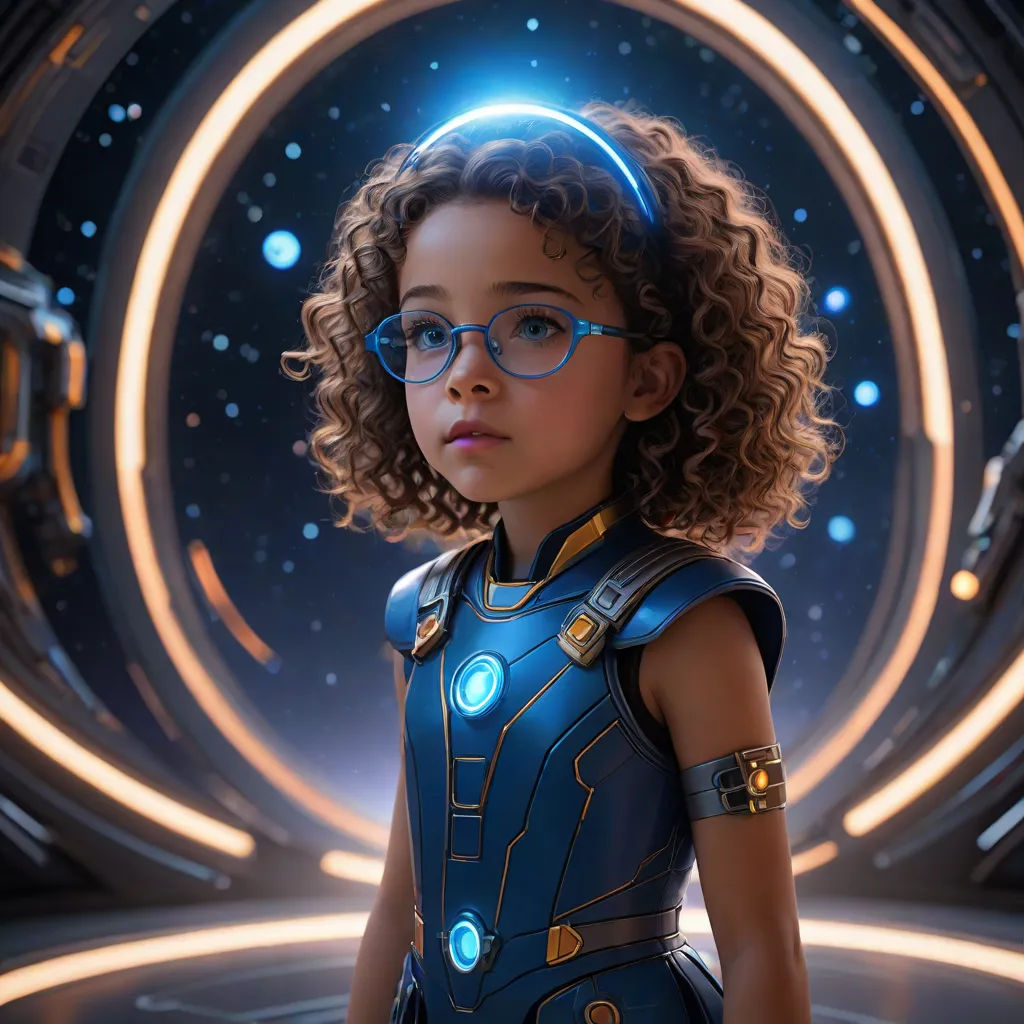 a young girl in a blue dress and glasses standing in front of a circular background with stars and circles, afrofuturism, a character portrait, Everett Warner, cgstudio