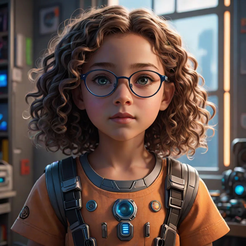 a young girl with glasses and a t - shirt on in a room with a window and a robot, photorealism, computer graphics, Alejandro Burdisio, cgstudio