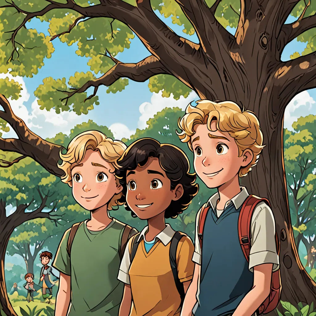 three young boys standing in front of a tree in a forest with a backpack on their shoulders and a backpack on his shoulder, vancouver school, a storybook illustration, Diego Gisbert Llorens, comic cover art
