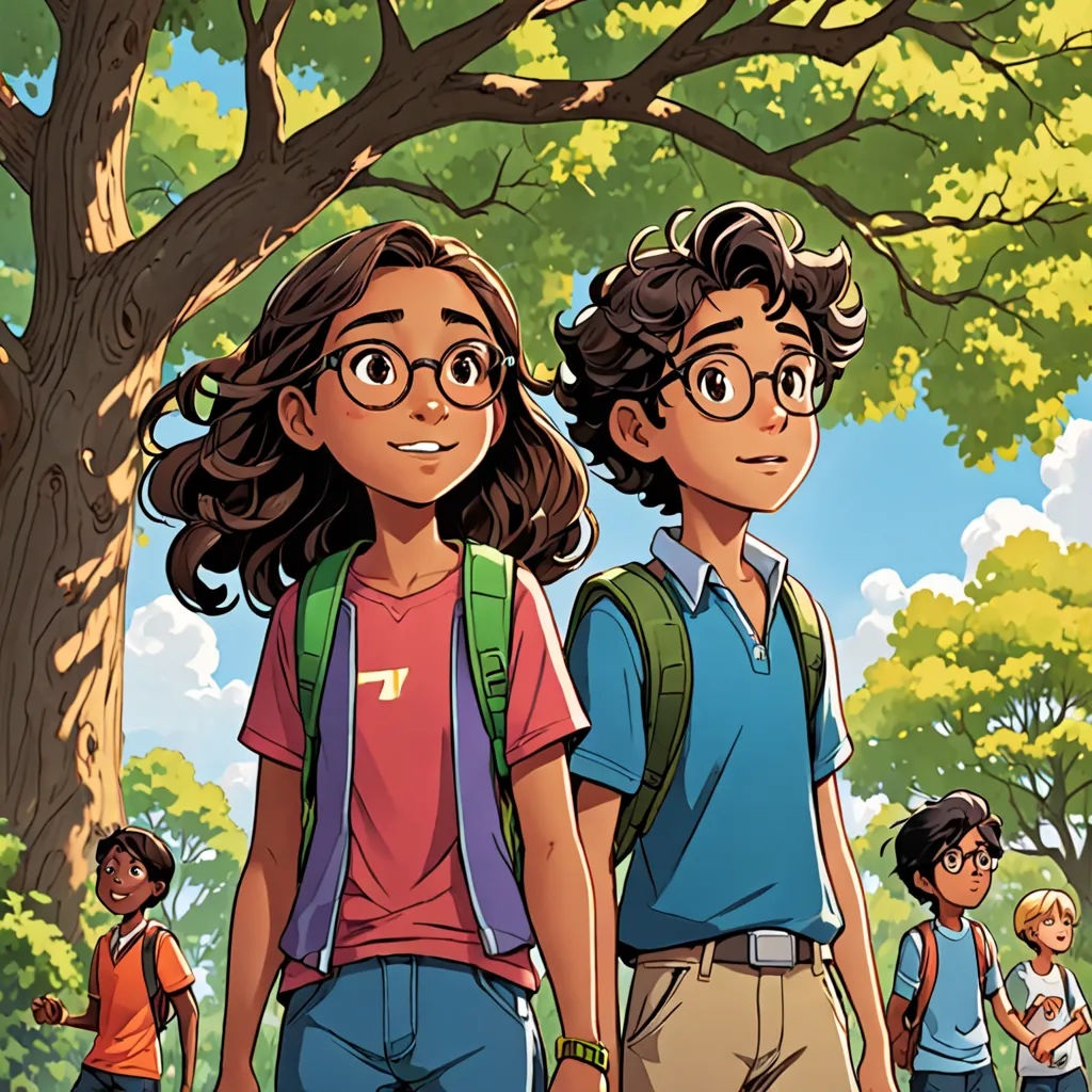 a group of people standing next to each other near a tree and a bench with a backpack on it, process art, a storybook illustration, Asaf Hanuka, comic cover art