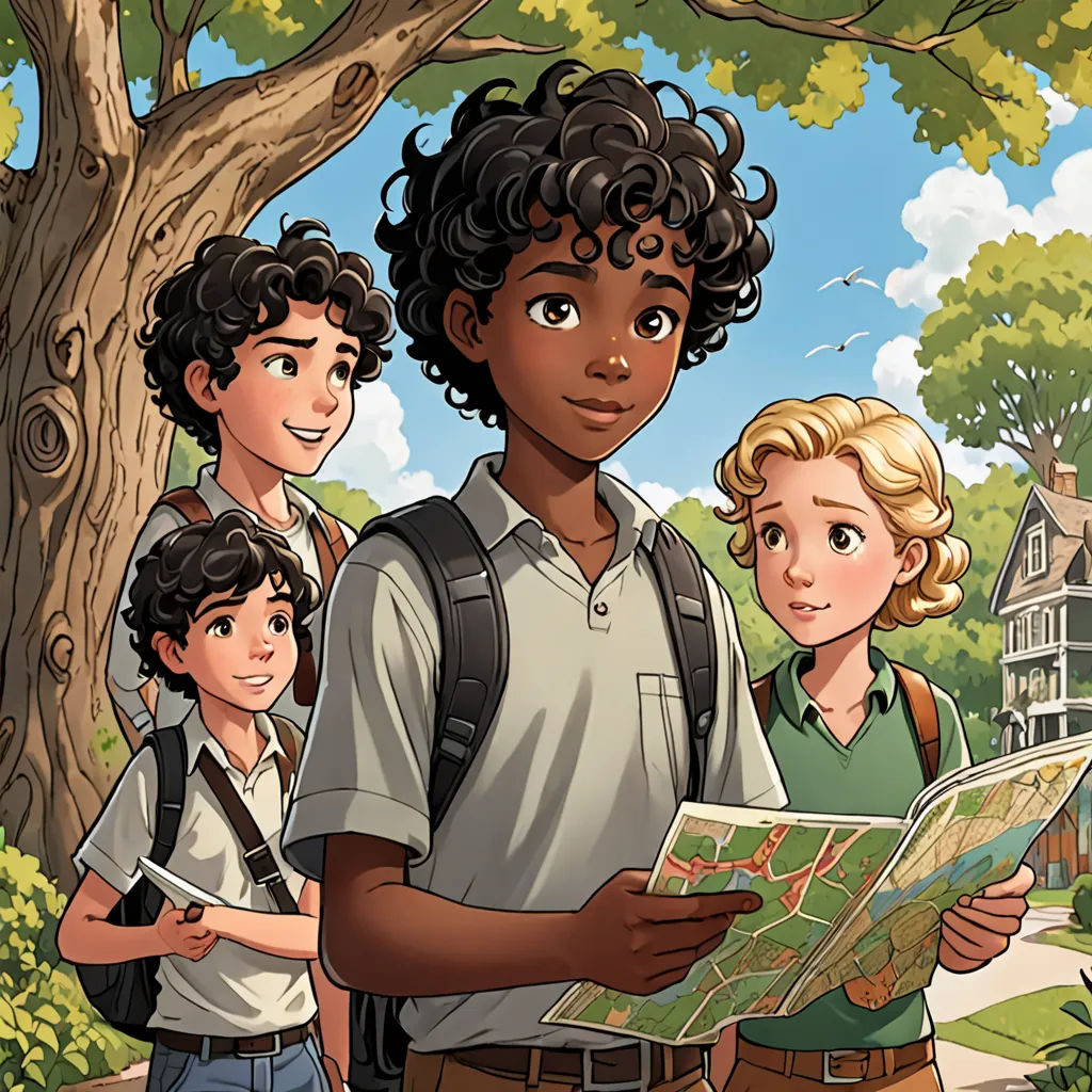 a group of children standing next to each other in front of a tree and a house with a map, american scene painting, a storybook illustration, Everett Warner, comic cover art