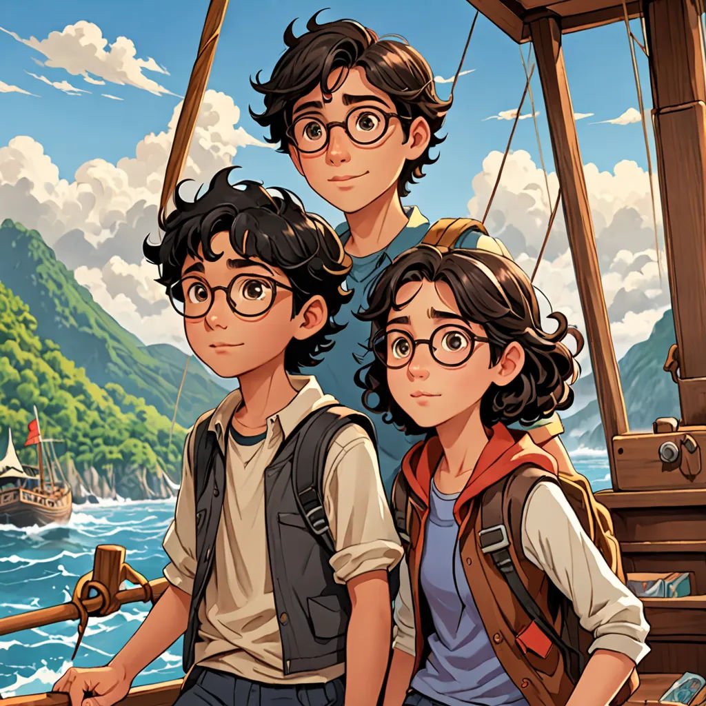 a couple of people standing on top of a boat near the ocean and mountains in the background, with a boat in the water, serial art, a storybook illustration, Diego Gisbert Llorens, rossdraws global illumination