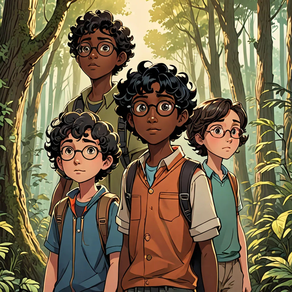 a group of people standing in a forest with trees and bushes behind them, with the image of three children in the background, serial art, poster art, Diego Gisbert Llorens, comic cover art