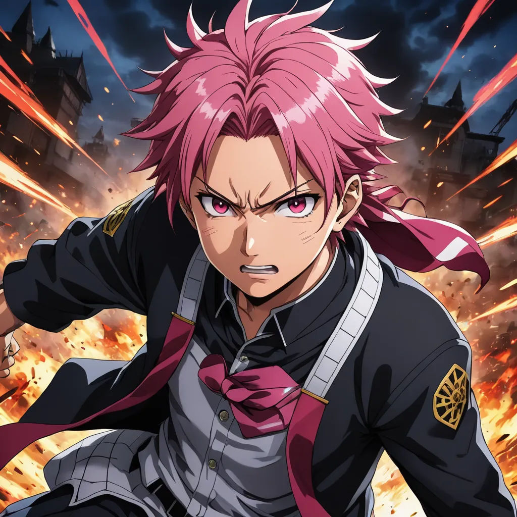 a man with pink hair and a bow tie in front of a fire and sky background with a gun, sots art, poster art, Eizan Kikukawa, official art