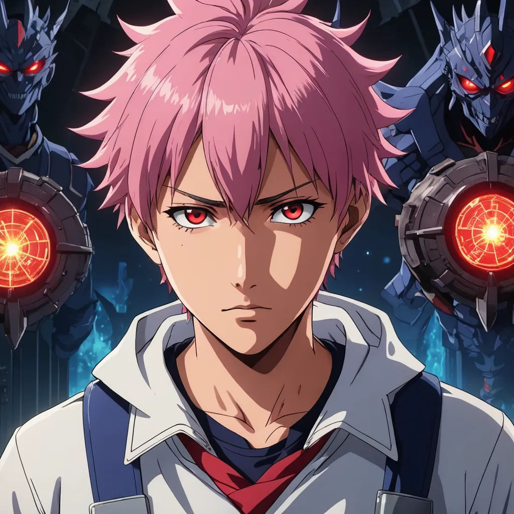 a man with pink hair and red eyes standing in front of a group of demonic demonic creatures in a dark room, rayonism, poster art, Aya Goda, anime key visual