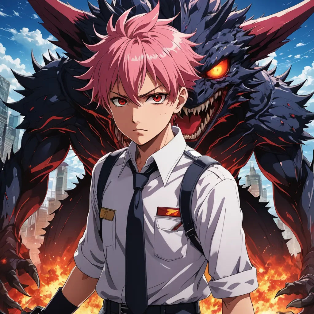 a man in uniform standing next to a monster with a red eye and a black tie on his neck, sots art, poster art, Aya Goda, anime key visual