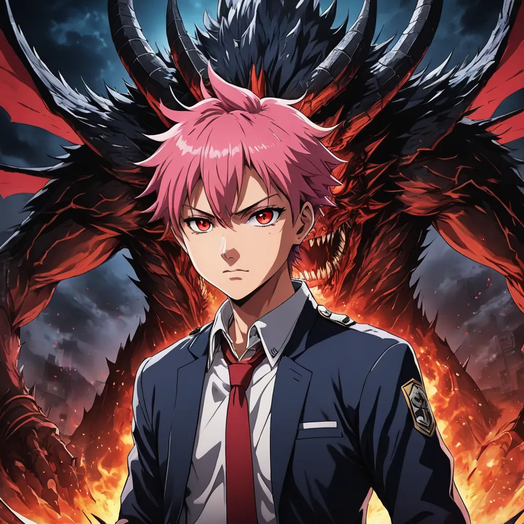 a man with pink hair and a tie standing in front of a demonic demon with his hands in his pockets, rayonism, poster art, Aya Goda, anime key visual