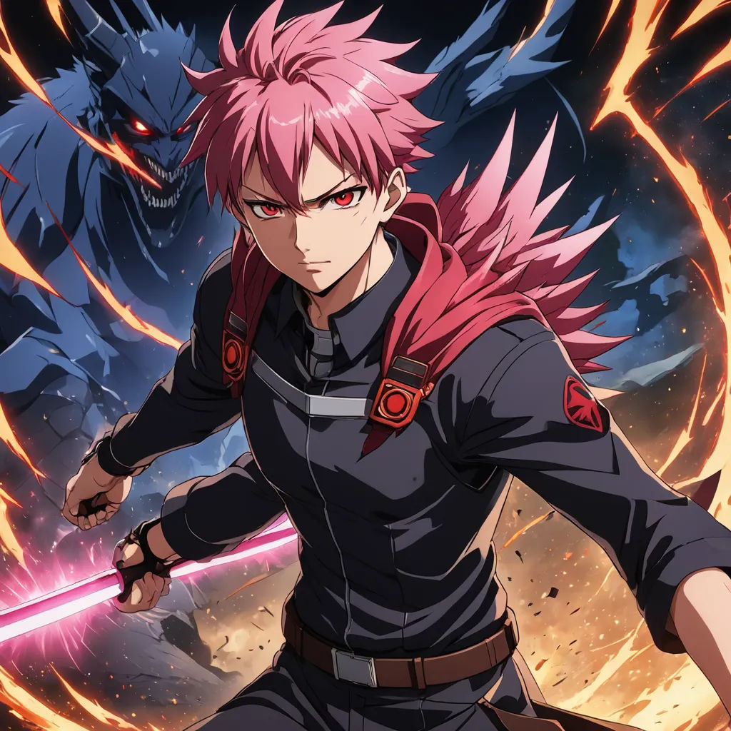 a man with pink hair and a sword in front of a demon with red eyes and a demon like face, sots art, poster art, Aya Goda, anime key visual
