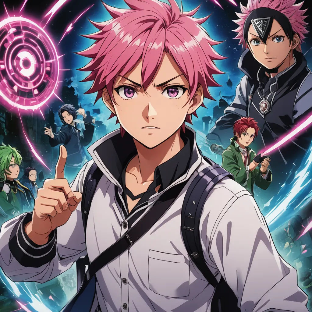 a group of anime characters with pink hair and a pink hair pointing at the camera with a purple light in the background, rayonism, poster art, Ai-Mitsu, anime key visual
