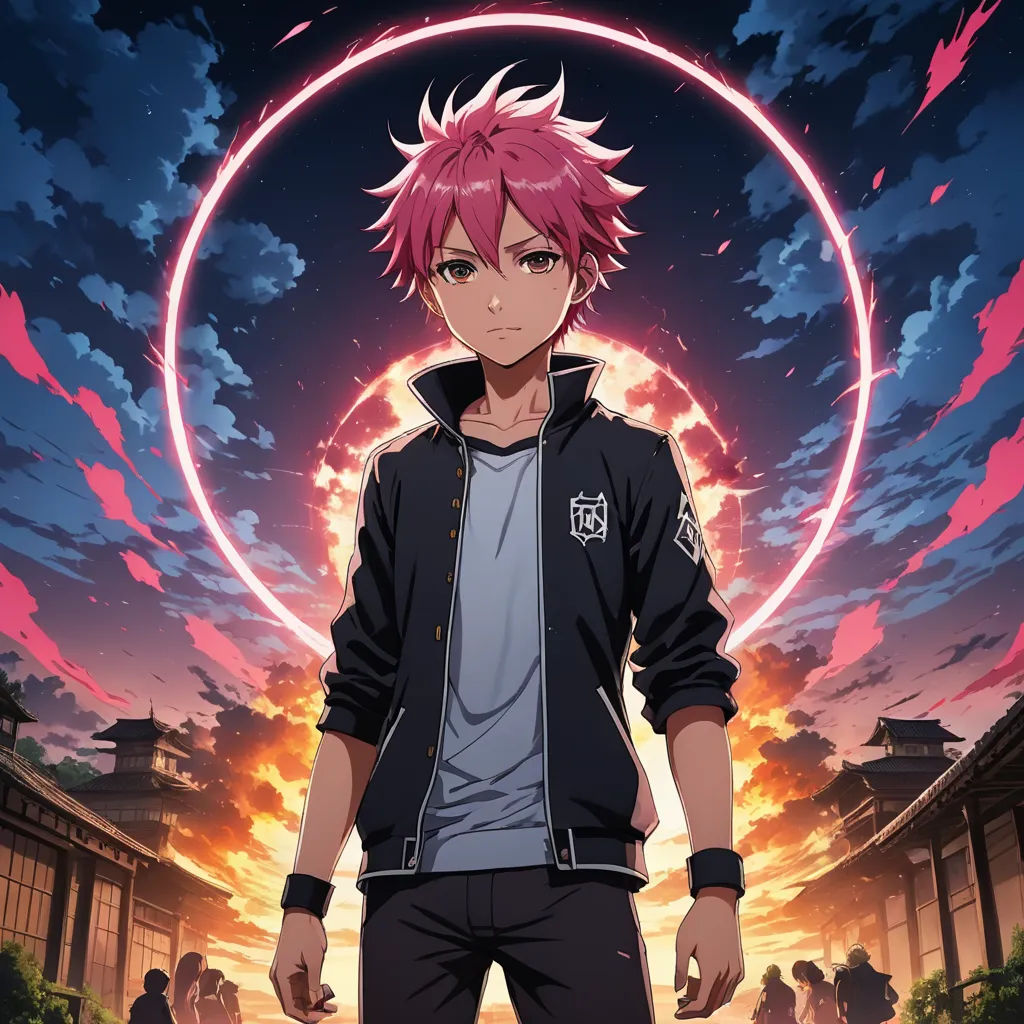 a man with pink hair standing in front of a sunset and a circle of fire in the background with a person standing in front of him, sots art, poster art, Aya Goda, anime key visual