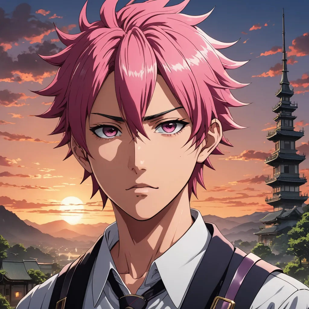 a man with pink hair and a tie in front of a sunset with a pagoda in the background and a tower in the background, aestheticism, a character portrait, Aya Goda, anime key visual