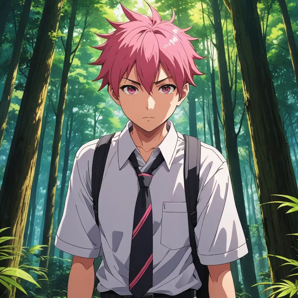 a man with pink hair and a tie in a forest with trees and bushes behind him, looking at the camera, shock art, concept art, Aya Goda, official art