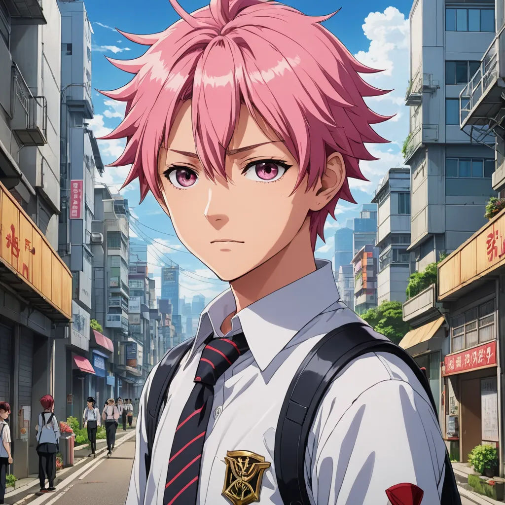 a man with pink hair and a tie standing in front of a city street with buildings and people walking, neogeo, a character portrait, Eizan Kikukawa, official art