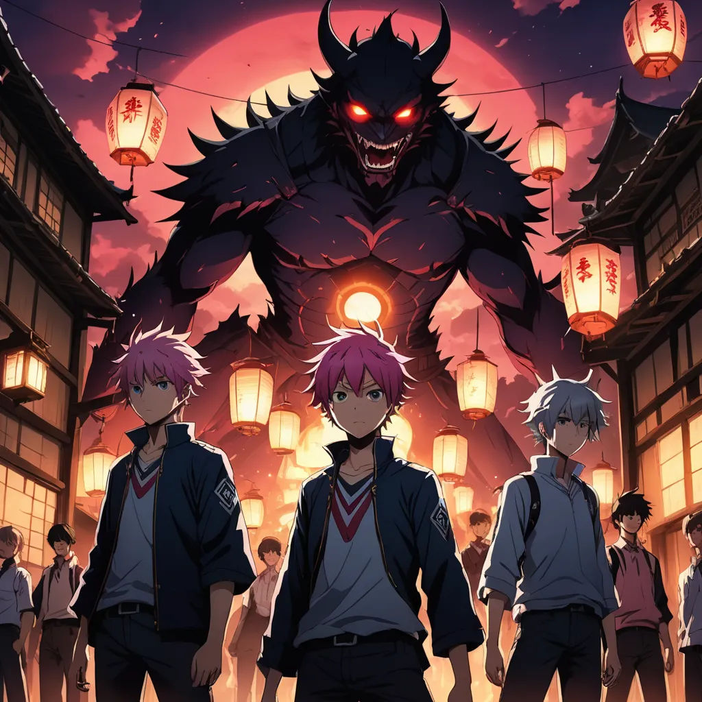 a group of people standing in front of a demon with lanterns hanging from the ceiling and a full moon in the background, rayonism, poster art, Aya Goda, anime key visual