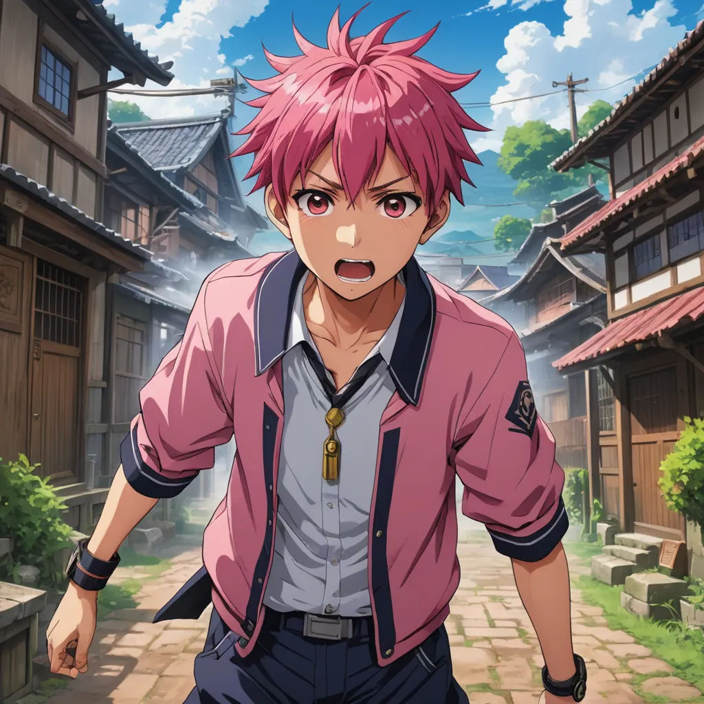 a man with pink hair and a pink shirt is walking down a street in front of a building with a sky background, sots art, concept art, Baiōken Eishun, official art