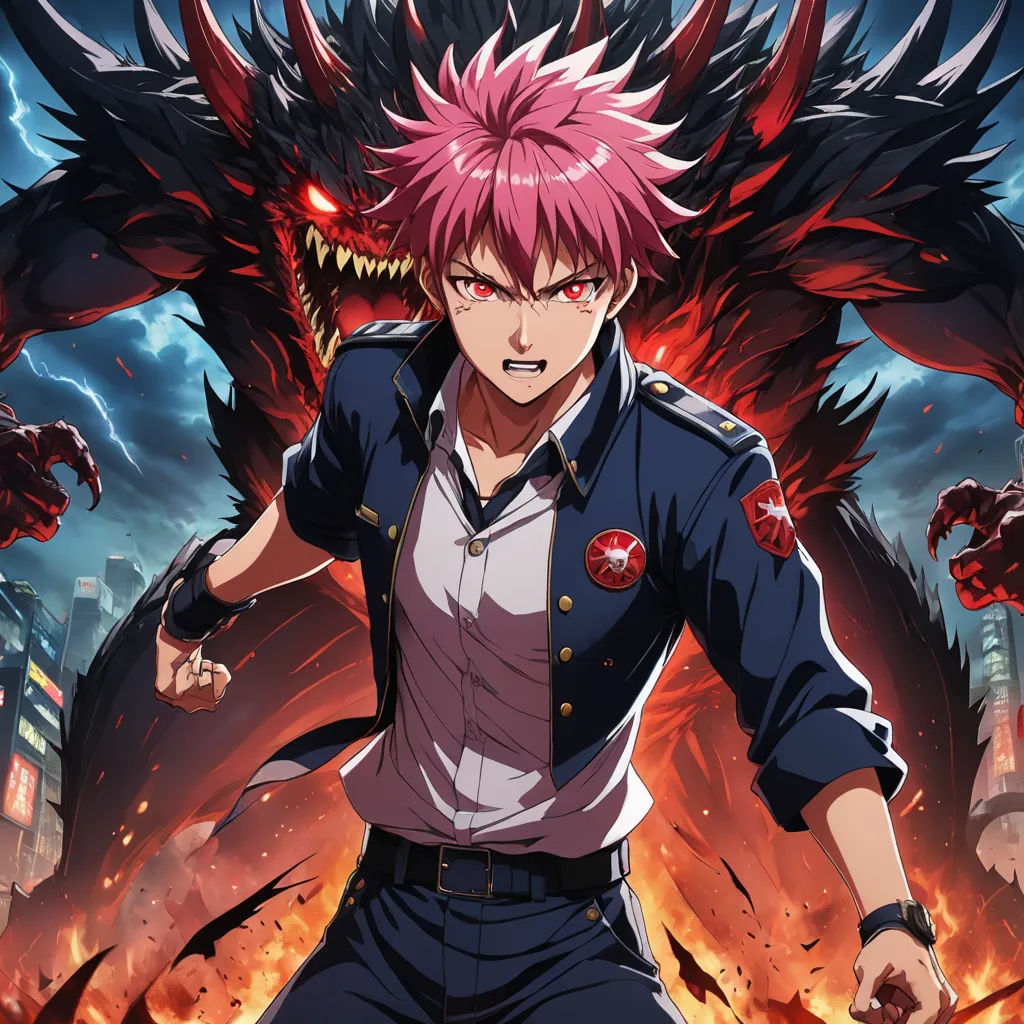 a man with pink hair and a demon like head standing in front of a city with a huge demon, sots art, poster art, Aya Goda, anime key visual