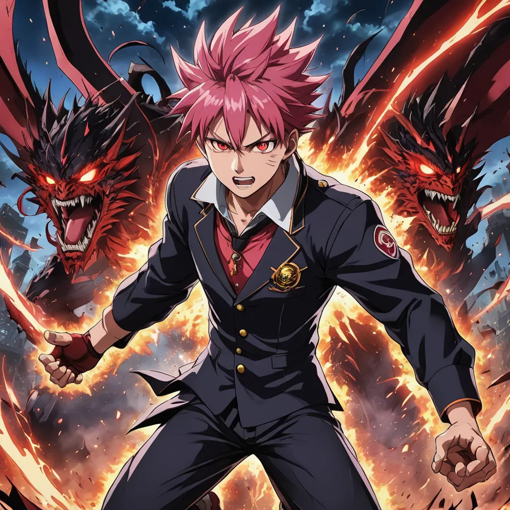 a man in a suit with pink hair and a demon face on his face, standing in front of a fire, rayonism, poster art, Baiōken Eishun, anime key visual