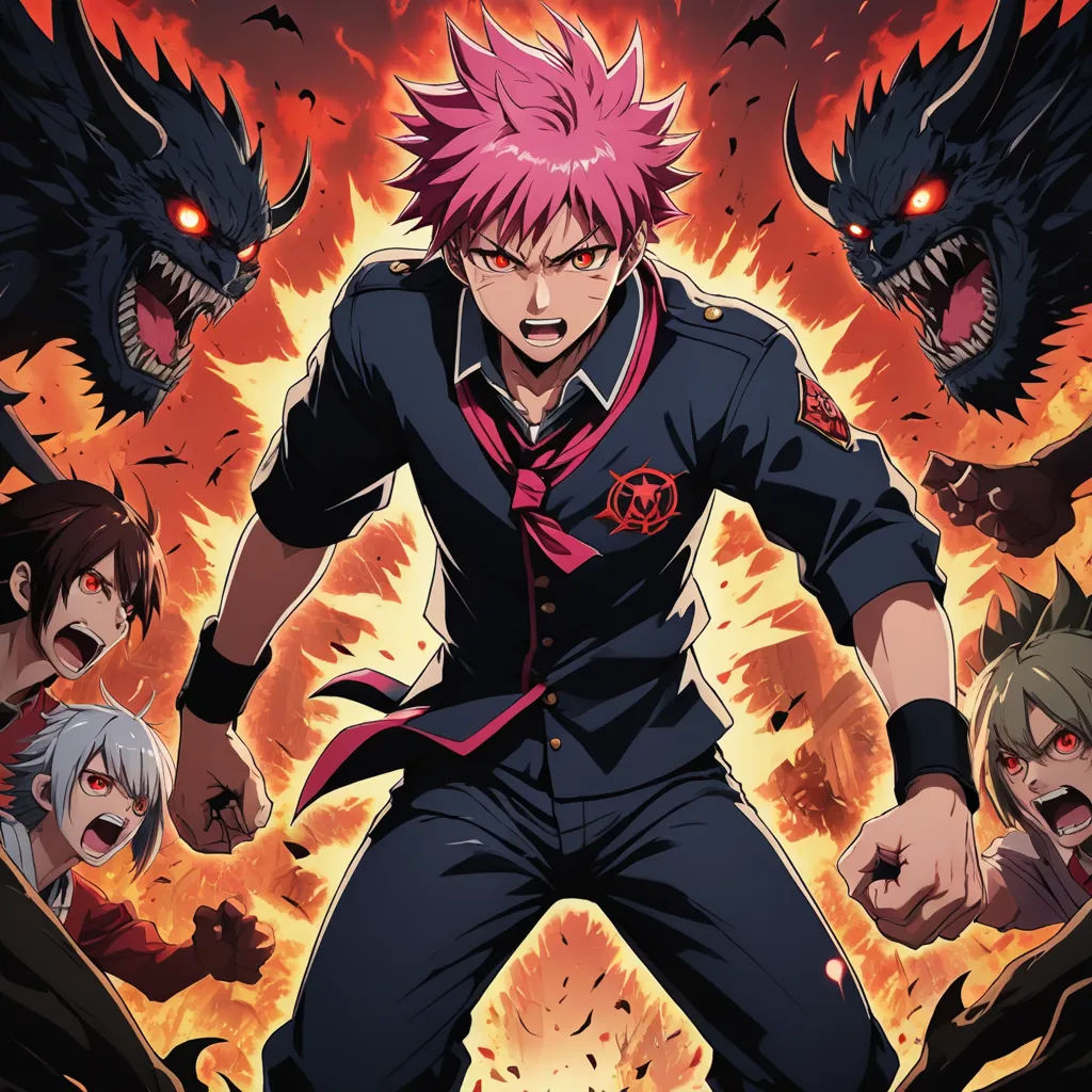 a anime character with pink hair and demon eyes surrounded by demonic demonic creatures and a demon like head,, rayonism, poster art, Aya Goda, official art