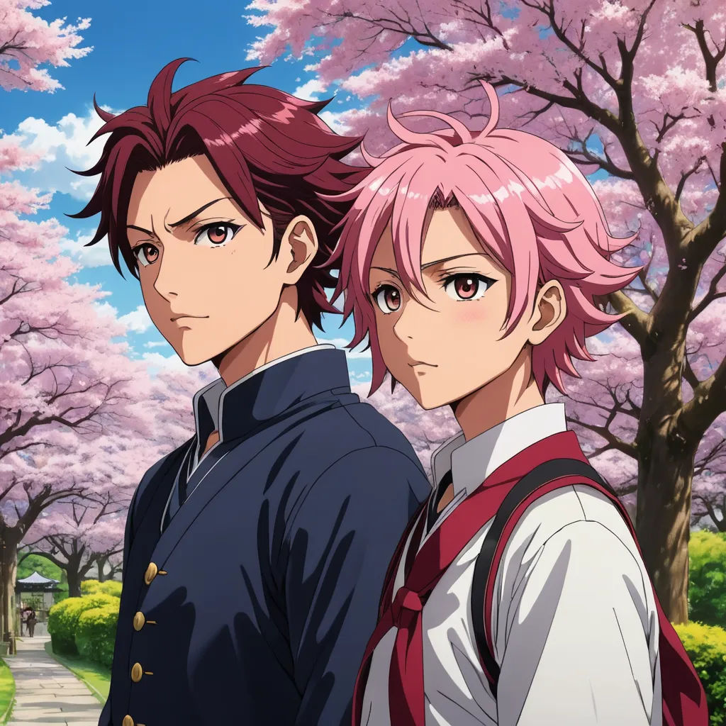 two anime characters standing in front of a tree with pink flowers in the background and a path leading to a park, synchromism, a poster, Aya Goda, official art