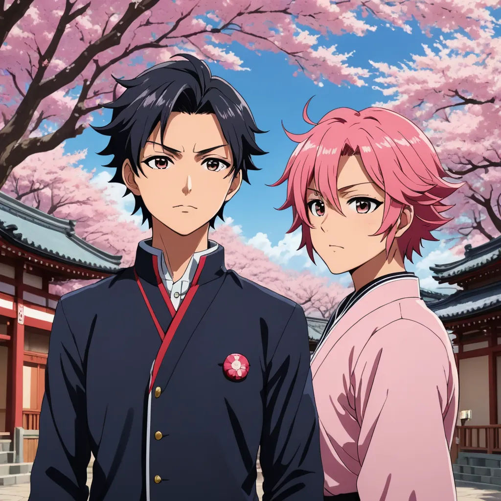 two anime characters standing in front of a tree with pink flowers in the background and a blue sky with clouds, aestheticism, concept art, Baiōken Eishun, official art