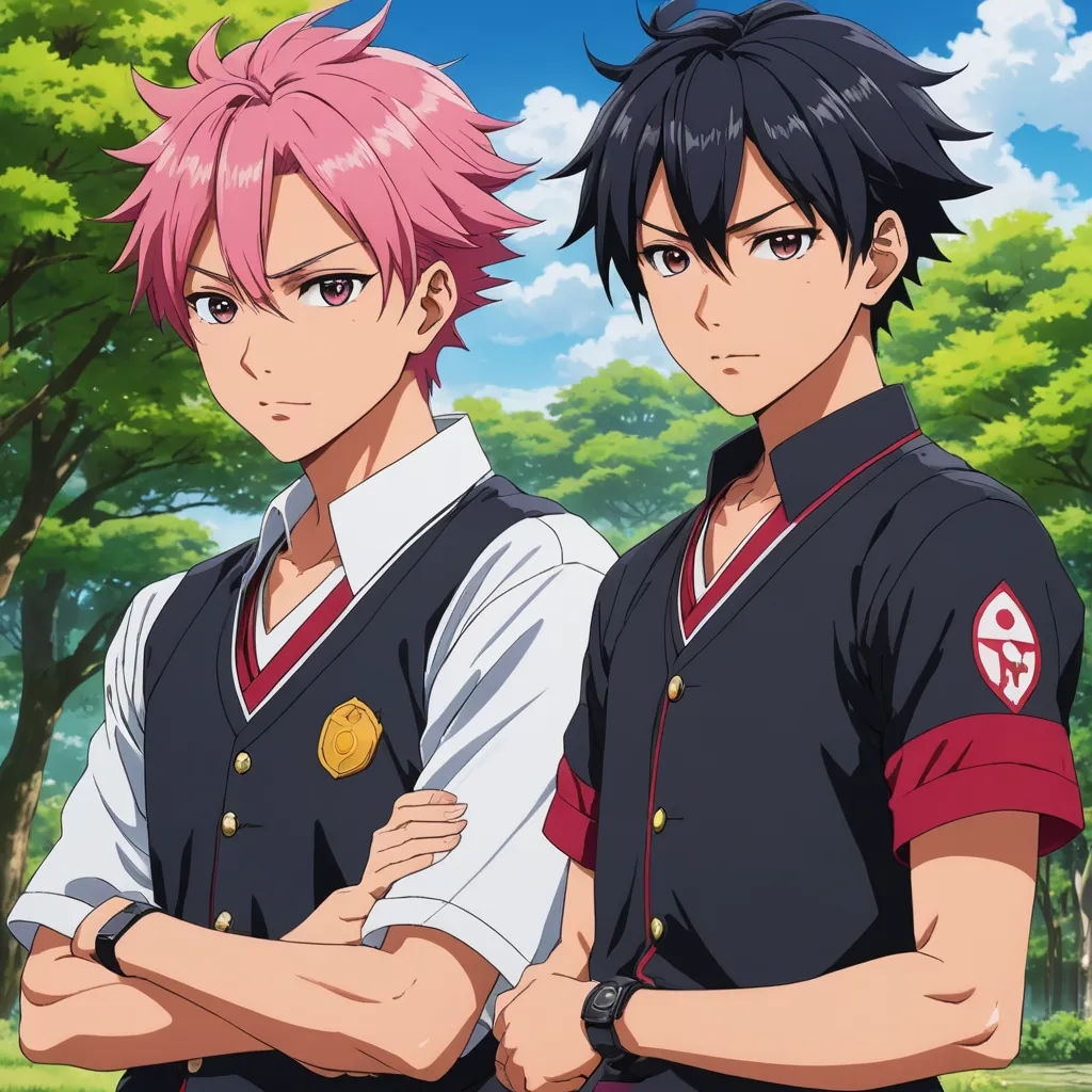 two anime characters standing next to each other in front of trees and grass with their arms crossed and looking at the camera, les nabis, poster art, Ai-Mitsu, anime key visual