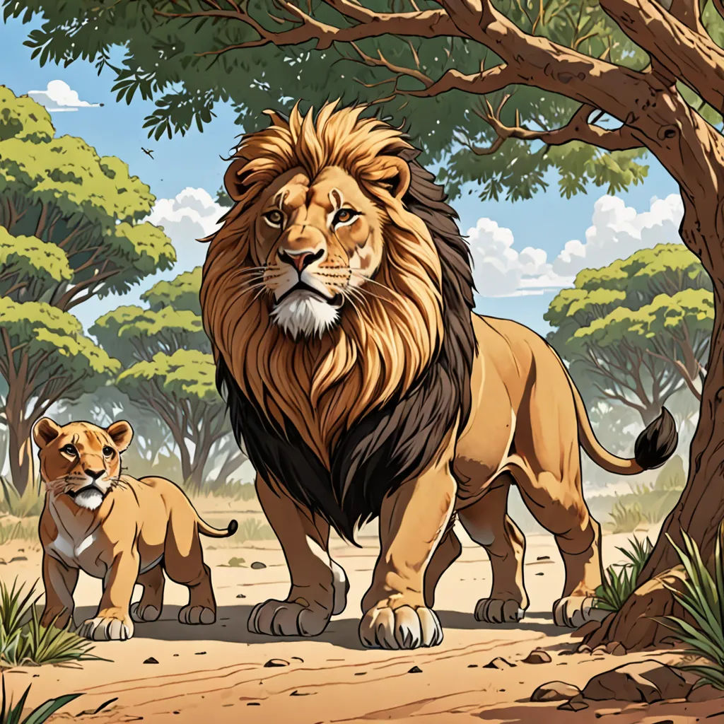 a lion and a cub walking in the jungle together, with trees in the background and a sky with clouds, furry art, a storybook illustration, Brothers Hildebrandt, official art