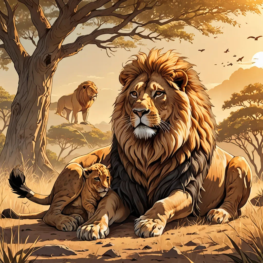 a painting of two lions laying in the grass under a tree with birds flying around it and a sunset in the background, fantasy art, an airbrush painting, Chris LaBrooy, highly detailed digital painting