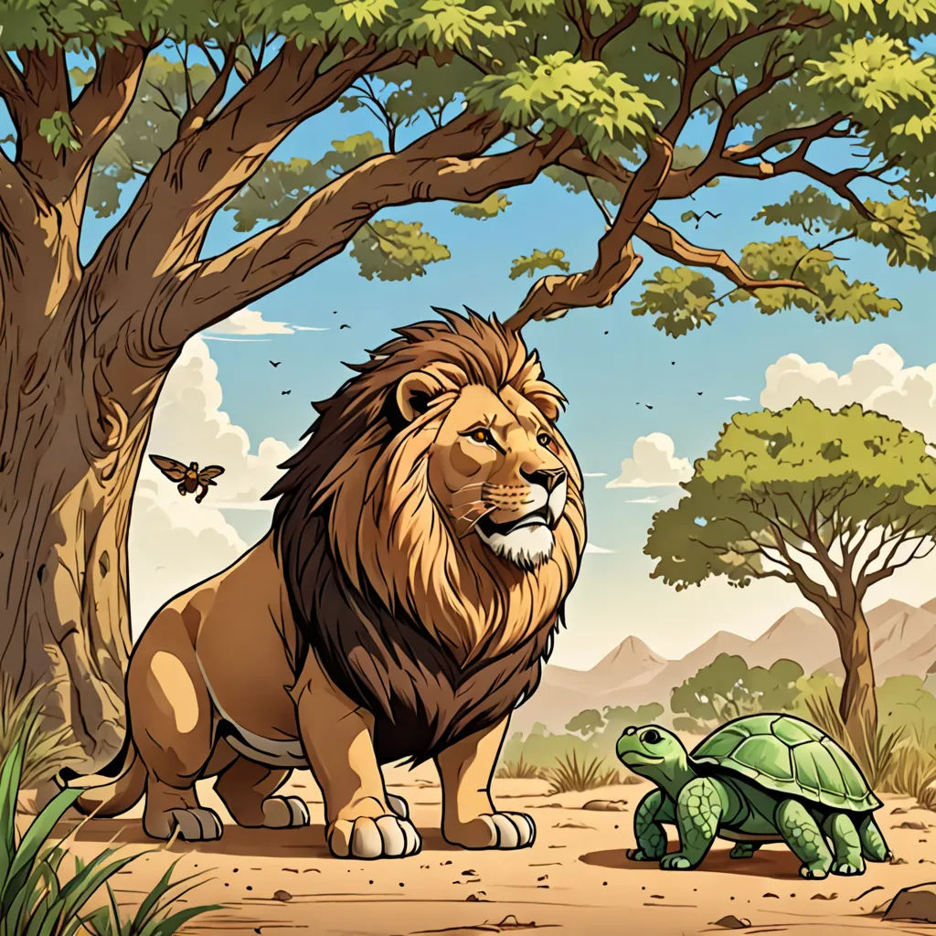 a lion and a turtle are in the wild together, with a tree in the background and a sky with clouds, lyco art, a storybook illustration, Chris LaBrooy, storybook illustration